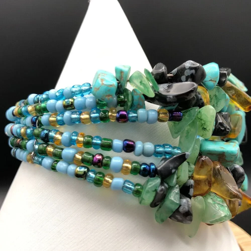 Gemstone Bracelet 7inch Mixed Malachite‎ Quartz Glass Seed Bead Sizable Cuff
